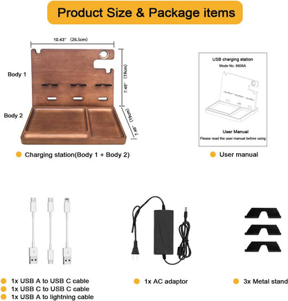 Wood Phone Docking Station with Drawer Nightstand Organizer for Men Dual Phone Charging Station for iPhone Samsung Google Desk Organizers Anniversary Birthday Gifts for Men Dad Him Husband