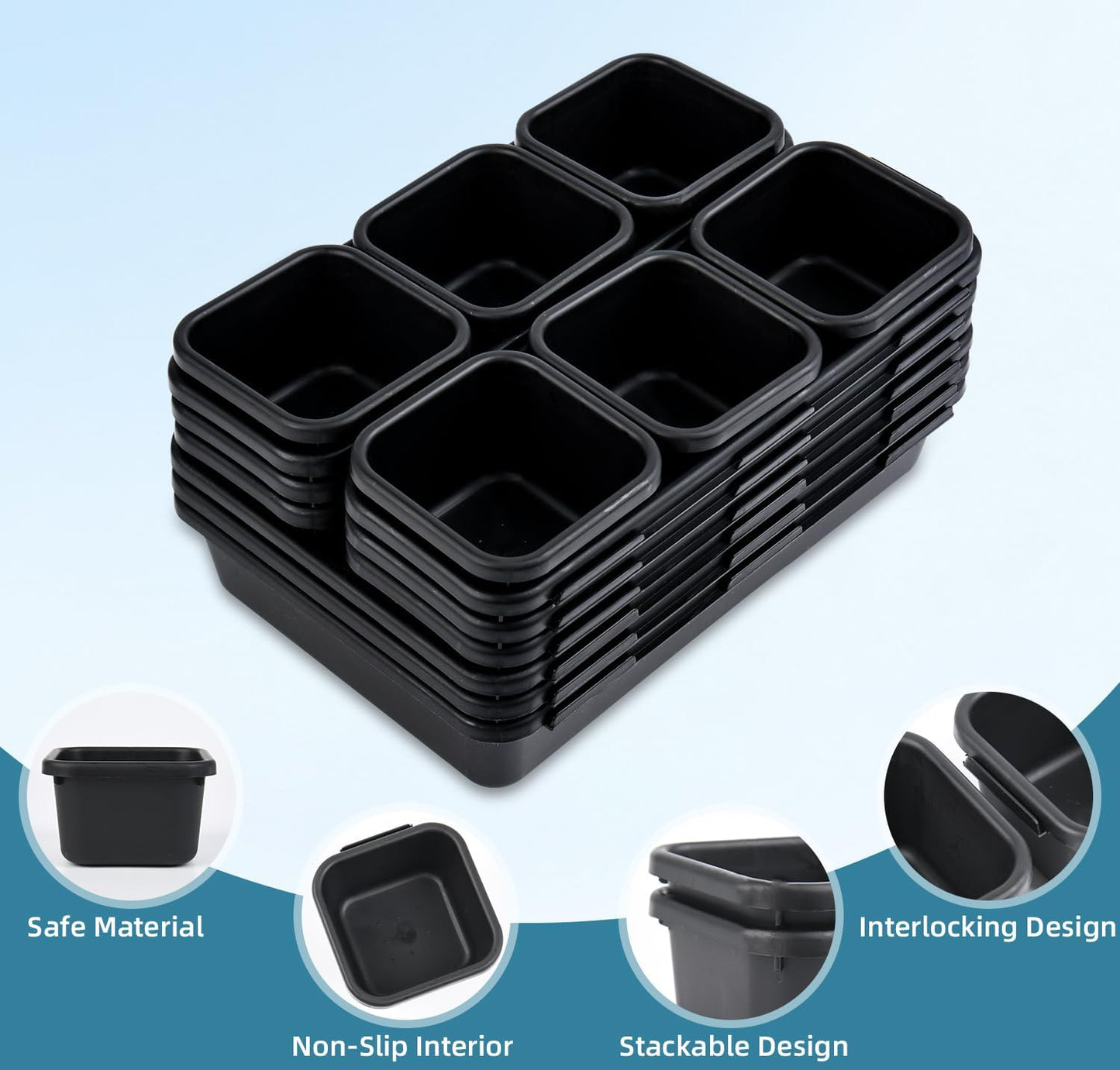 Kutesna 25 PCS Black Drawer Organizer Set, 4 Size Interlocking Plastic Storage Bins for Office Supplies, Jewelry Makeup Vanity, Bathroom Kitchen, Home Organization Closet, Gadgets Small Items
