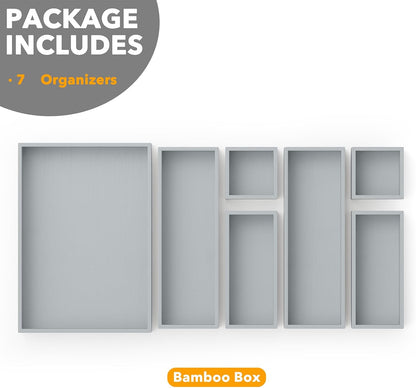 SpaceAid 7-Piece Bamboo Drawer Organizer Storage Boxes Set, Wood Tray Junk Drawer Organizers Multi-Use Divider Bins for Kitchen, Bathroom, Office Desk and Makeup Organization (7 Pack, Natural)