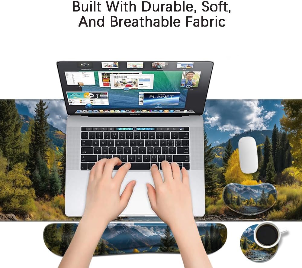 MIBITRI Keyboard Mouse Pad Set, Extended Gaming Mouse Pad+Ergonomics Keyboard Wrist Rest Support, Memory Foam, Easy Typing Pain Relief, 4Pcs XXL Ultra Thick Desk Mat, Enchanted Bookshelf