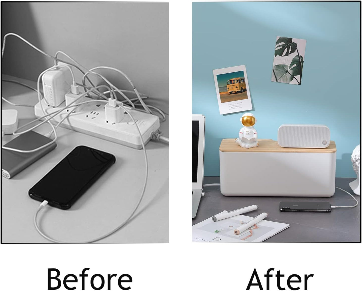 Changsuo Cable Management Box Small White, Extension Cord Organizer for Power Stripe Surge Protector Wire Management Concealer Cover Hider for Desktop Home Office Kitchen (White)