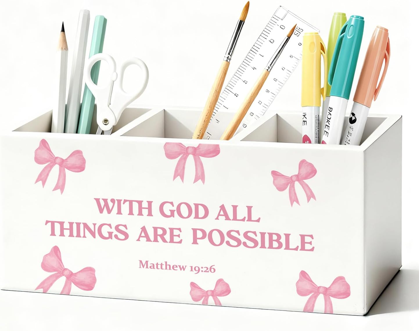 Purple Coquette Bow Pen Pencil Holder for Desk, Girly Office Decor, Preppy Purple Bow Aesthetic Wooden Box Sign Decorations for Girly Room Bedroom Dorm Office Desk Tabletop