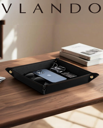 VLANDO Valet Tray for Men Women, Nightstand Organizer Vanity Catchall Holder for Dresser Desk Storage Bedside, Travel PU Leather Jewelry Key Bowl Coin Watches and Candy Entryway Tray - Large, Brown