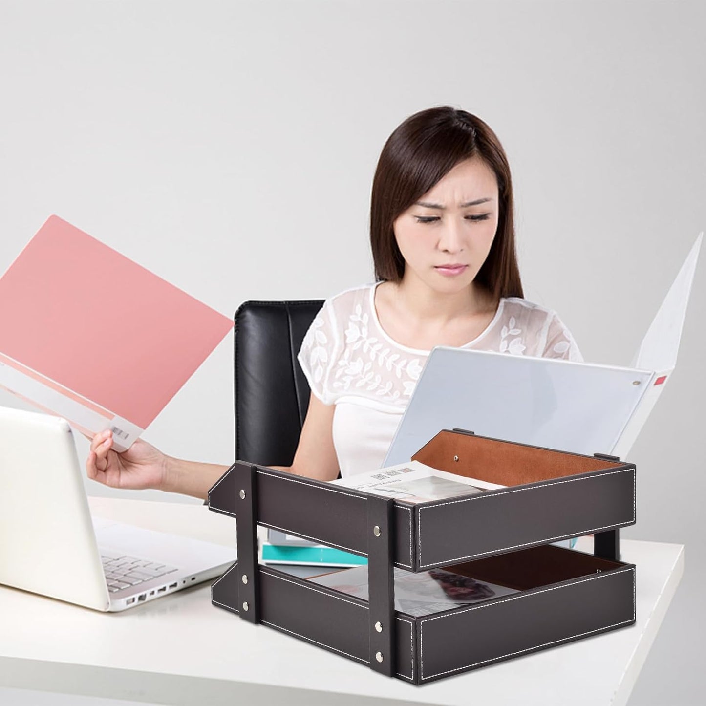 Leather Desk Organizer,2-Tier Stackable Letter Tray Holder,Office Supplies Desktop Storage Box for Document,Stationery,Magazines,Newspapers,Letters and Other Home Office Paper Sundries,Black