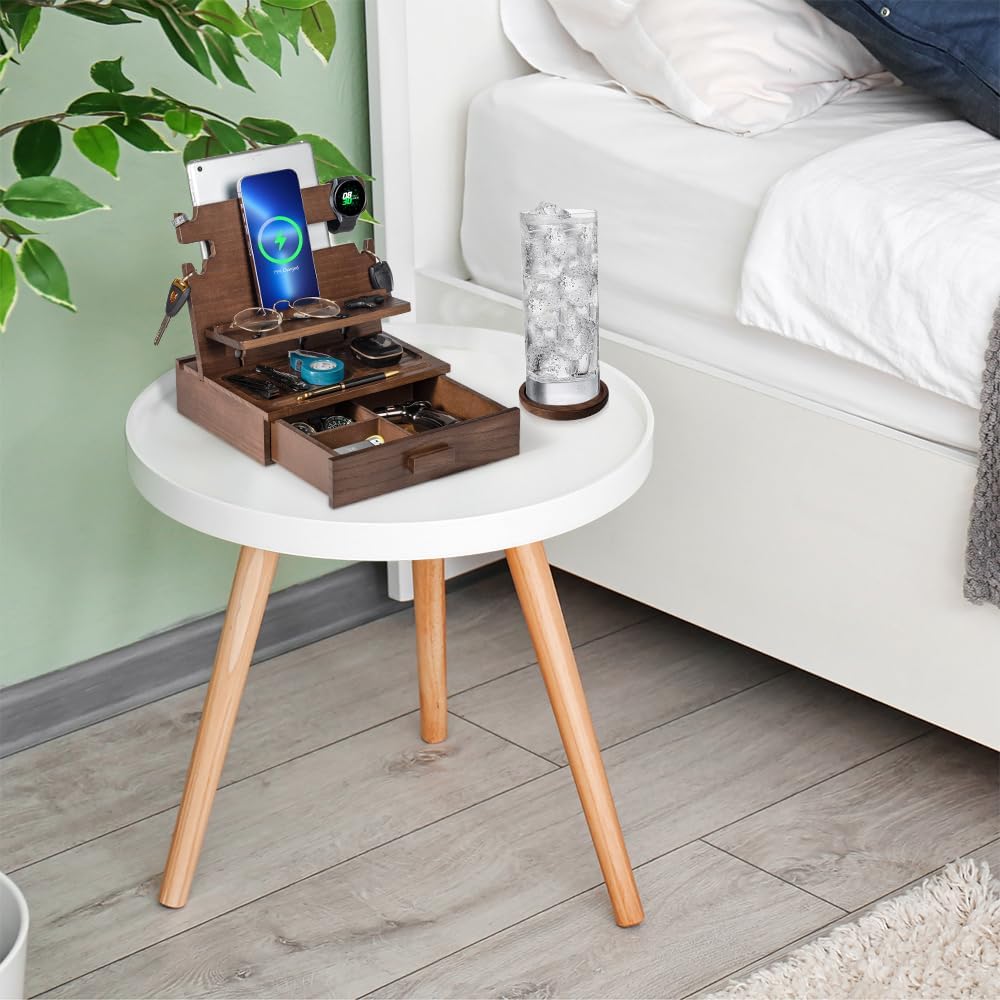 Black Wood Phone Docking Station for up to 3 Phones - Nightstand Organizer with Drawer for Valuables for Men & Women, Compatible With Apple Watch, Holds Phones, Tablets, Keys, Rings, Glasses, EDC
