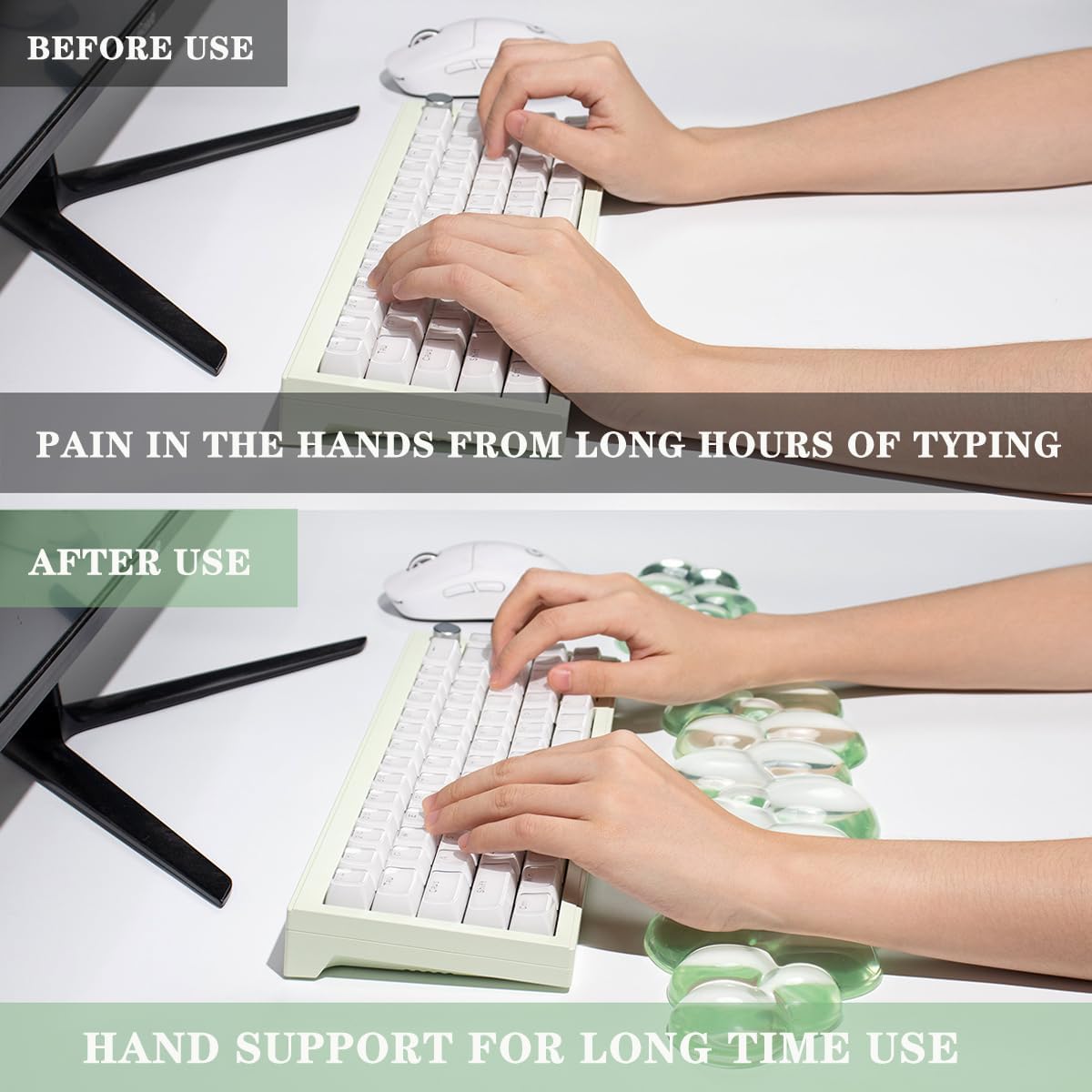 Clear Gel Wrist Rest for Keyboard and Mouse, Green Silicone Mouse Wrist Rest Set, Cute Ergonomic Wrist Rest for Keyboard 60%/75%(Green)