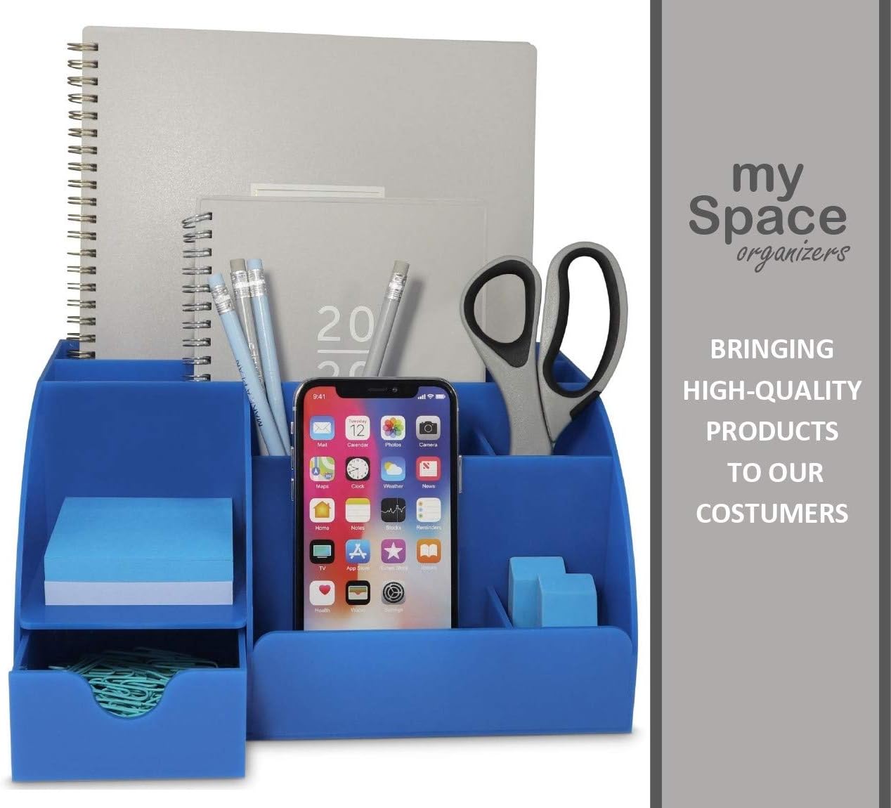 My Space Organizers Clear Acrylic Desk Oganizer, 9 Compartments, Office Supplies and Desk Accessories Organizer, Home Decor Desktop Organizer (Clear)