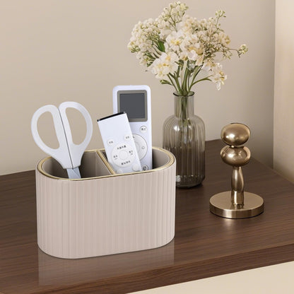 KINGFOM PU Leather Desk Organizer Pen Holder – Dual-Compartment Stylish Pencil Cup Remote Control Holder Desktop Supplies and Accessories Organizer Caddy for Office Home School (Light Beige)
