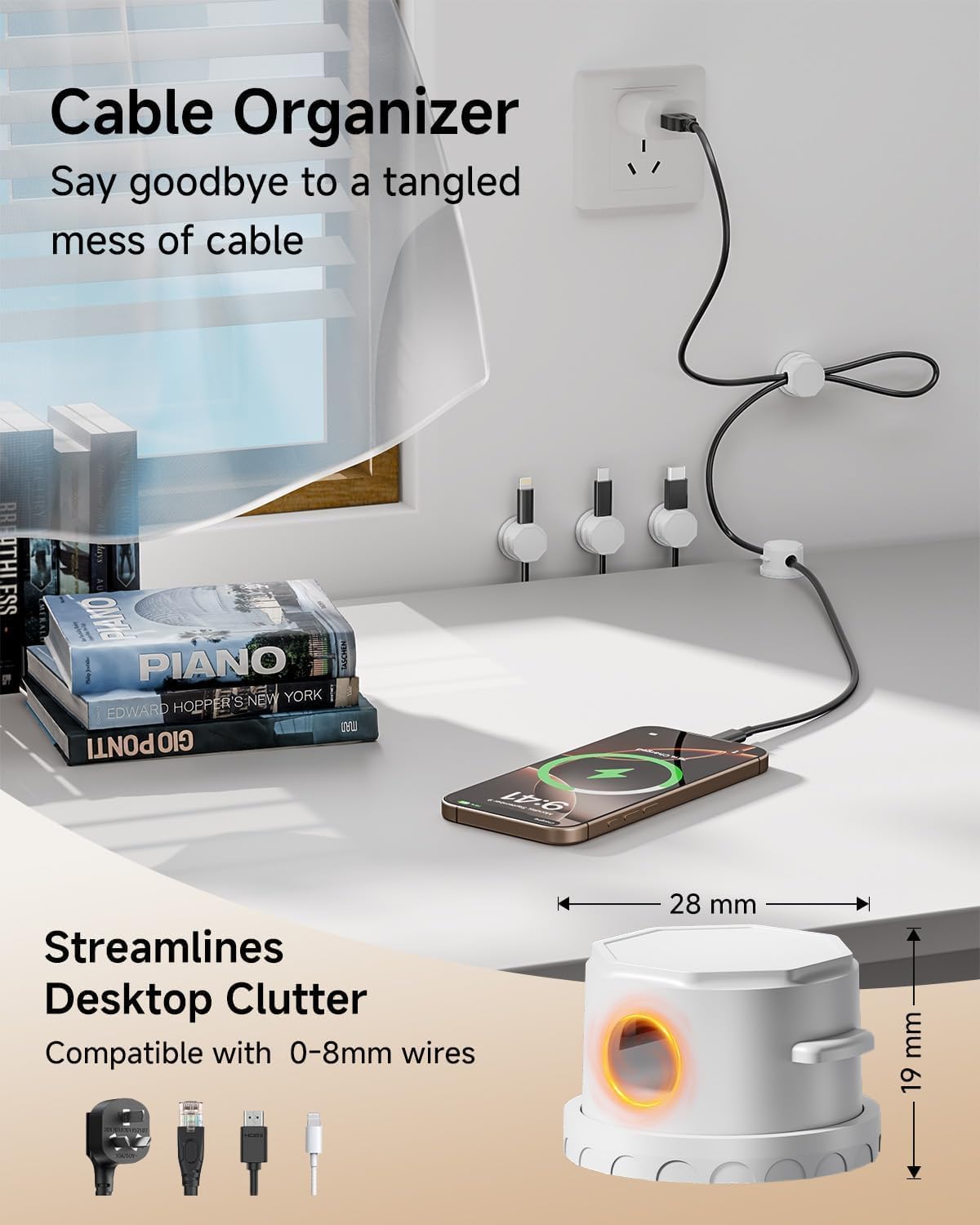 Cord Organizer Holder, 360° Rotatable Magnetic Cable Clips, Strong Adhesive Cable Management Desk Accessories, Adjustable Wire Organizer Hide Cords Neatly for Nightstand/Home/Kitchen/Office/Car