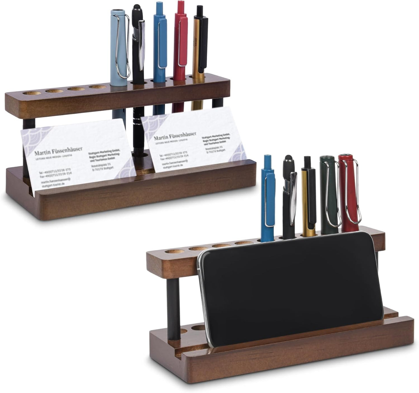 Wooden Pen Holder for Desk, Wood Pencil Holder Fountain Pens Display Stand with 9 Slots and Phone Holder, Stylish Office Desk Decor, Pen Organizer for Office, Home