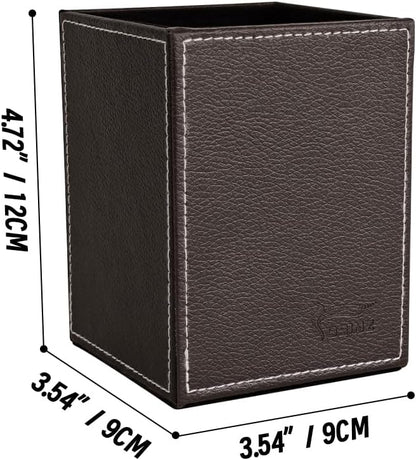 Leather Pen Holder, Brown Pencil Holder, Desktop Elegant Pen Holder for Desk, Stationery Organizer for School Office Home Dorm (3.3" x 3.3" x 4", Brown)