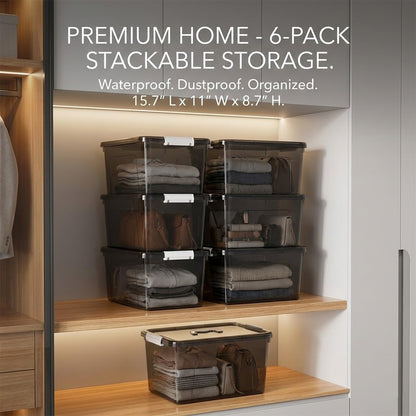 Stackable Plastic Black Storage Bins with Lids 6 Pack, 12 Quart Modular Organizer Boxes with Secure Latches for Closet, Pantry, Office and Small Item Storage