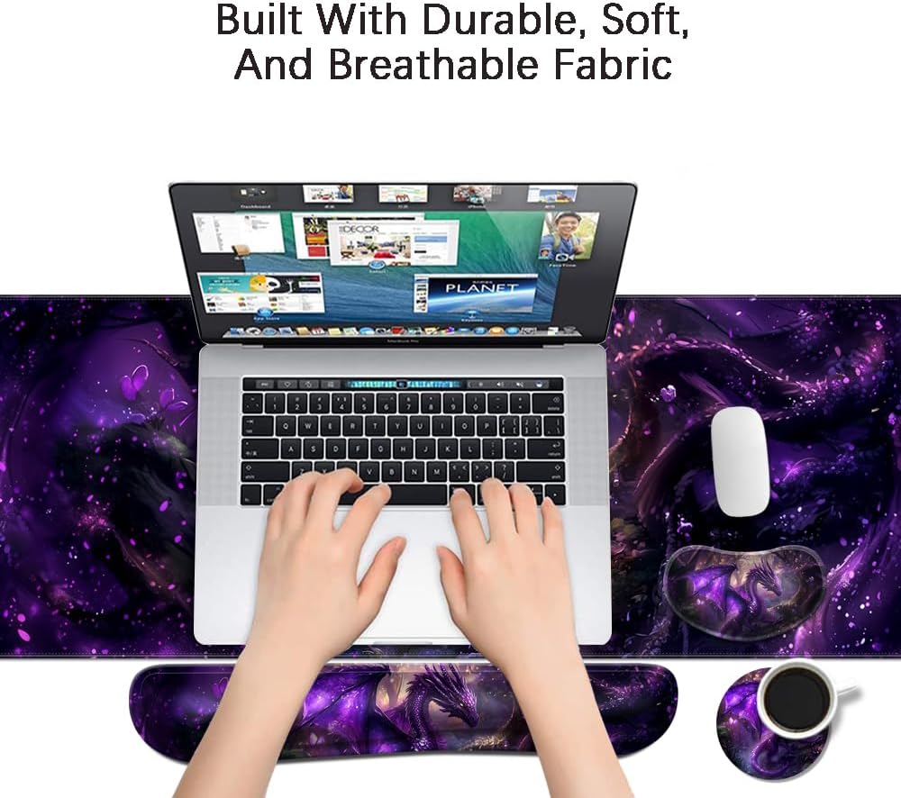 MIBITRI Keyboard Mouse Pad Set, Extended Gaming Mouse Pad+Ergonomics Keyboard Wrist Rest Support, Memory Foam, Easy Typing Pain Relief, 4Pcs XXL Ultra Thick Desk Mat, Enchanted Bookshelf