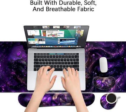MIBITRI Keyboard Mouse Pad Set, Extended Gaming Mouse Pad+Ergonomics Keyboard Wrist Rest Support, Memory Foam, Easy Typing Pain Relief, 4Pcs XXL Ultra Thick Desk Mat, Enchanted Bookshelf
