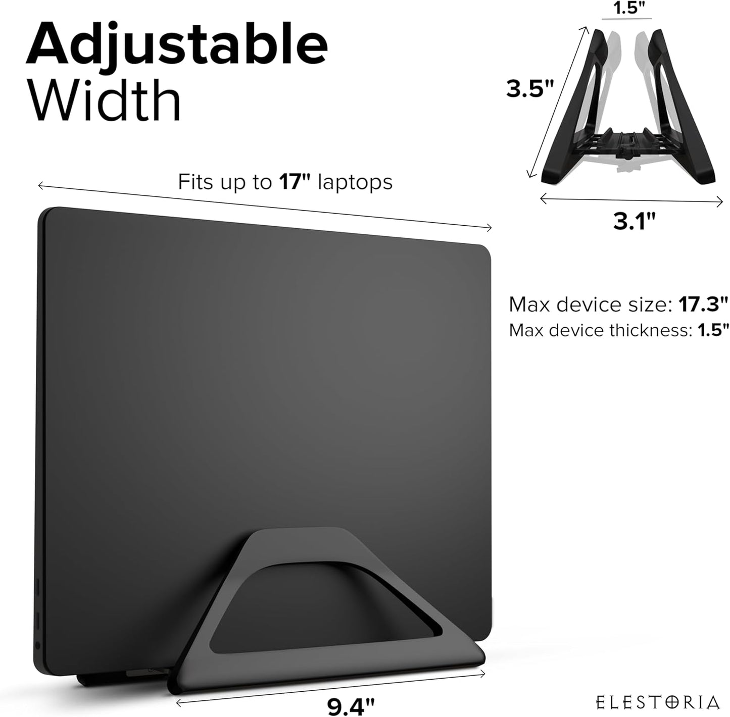 Elestoria Aluminum Vertical Laptop Stand with Gravity Auto-Lock – Adjustable Laptop Holder Vertical fits MacBook Pro/Air, Chromebook & Gaming Laptops up to 17.3" – Space-Saving Desktop Dock - Silver