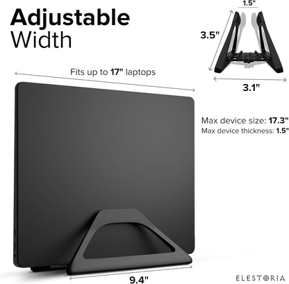 Elestoria Aluminum Vertical Laptop Stand with Gravity Auto-Lock – Adjustable Laptop Holder Vertical fits MacBook Pro/Air, Chromebook & Gaming Laptops up to 17.3" – Space-Saving Desktop Dock - Silver
