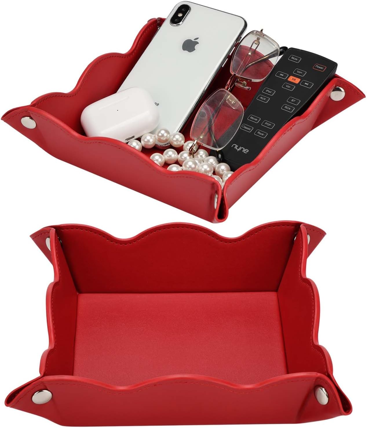 Valet Tray for Men Women 2 Pack - PU Leather Travel Catchall Tray Organizer - Desk Bedside Nightstand Storage Box for Jewelry Key Phone Remote Controller Wallet Watch Glasses Readers -White
