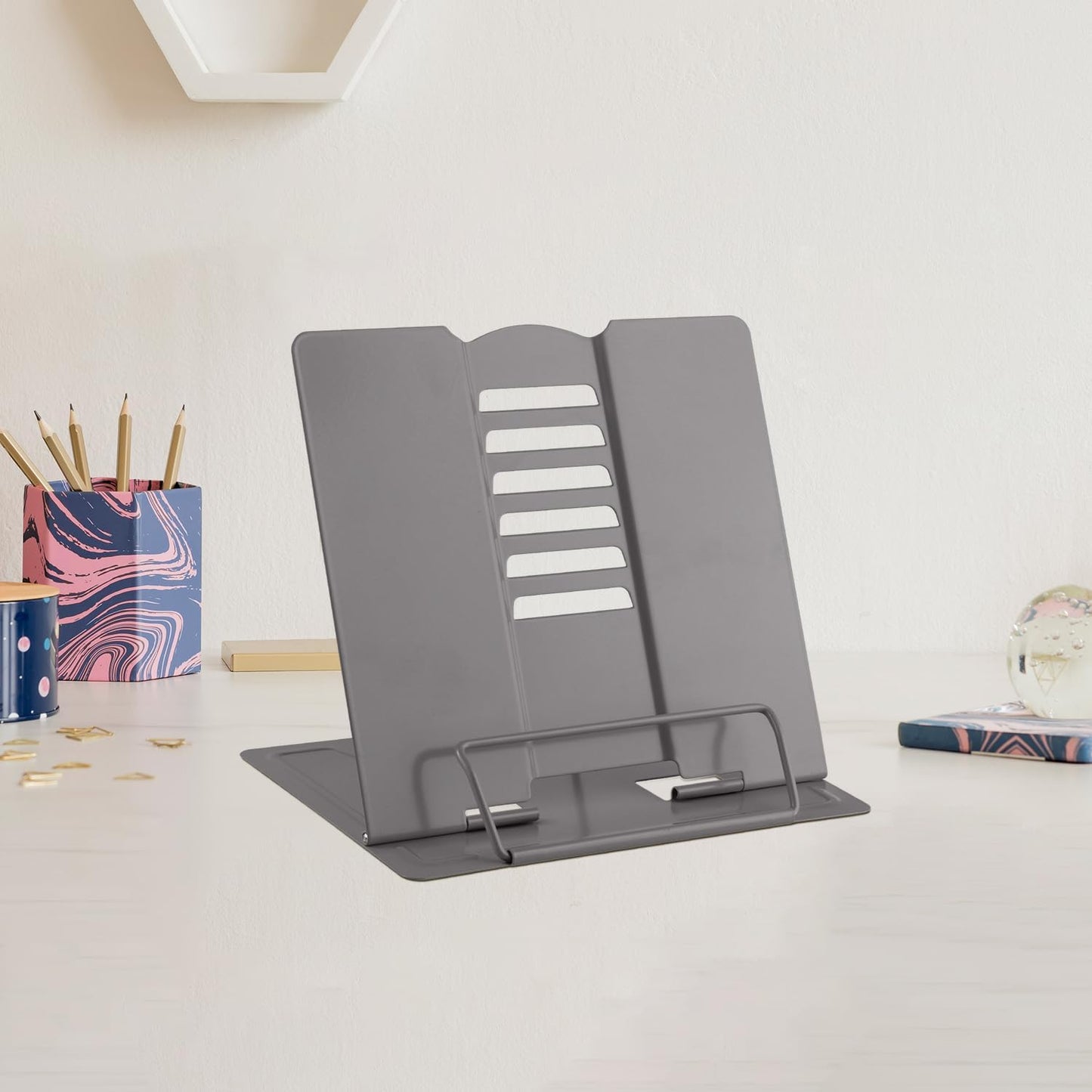 MSDADA Small Desk Book Stand Metal Reading Rest Book Holder Adjustable Cookbook Documents Holder Portable Sturdy Bookstands for Recipes Textbooks Tablet Music Books(White)