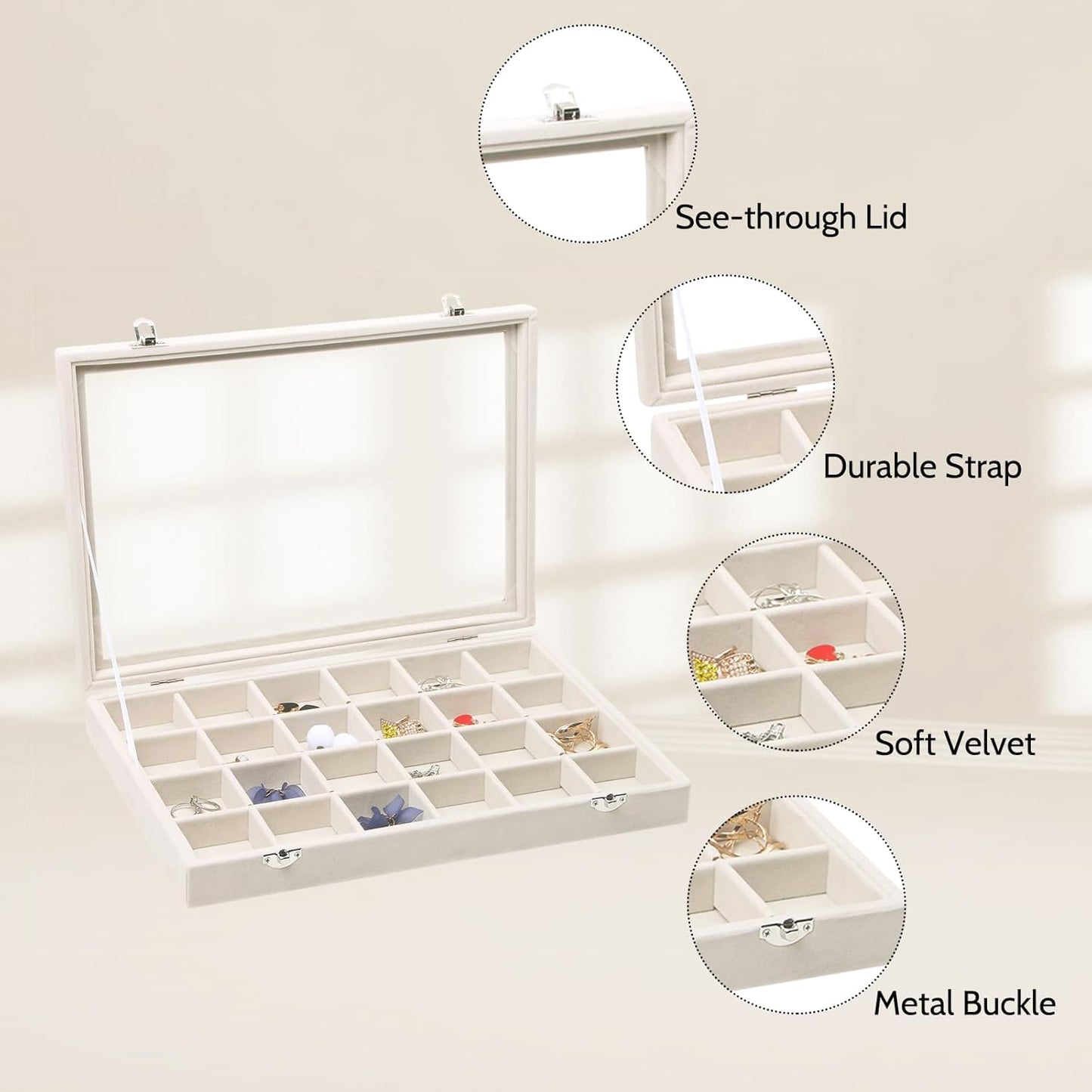 Stratalife Jewelry Organizer Bracelet Organizer Storage Box 12 Grid Stackable Jewelry Tray with Lid Velvet Jewelry Box for Drawer Necklace Bracelet Display Storage Organizer Box (Beige)