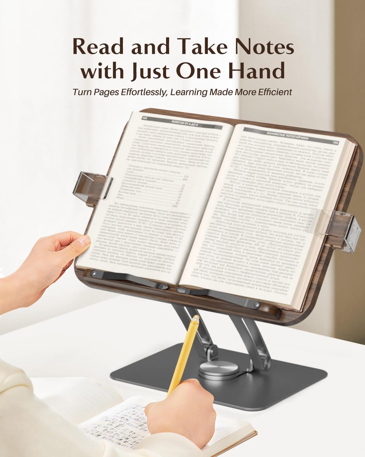 Book Stands for Reading,Adjustable Book Holder with 360° Rotating Metal Base,Foldable Cookbook Stand, Reading Hands Free with ABS Expandable Page Clips for Recipe,Textbook,Laptop