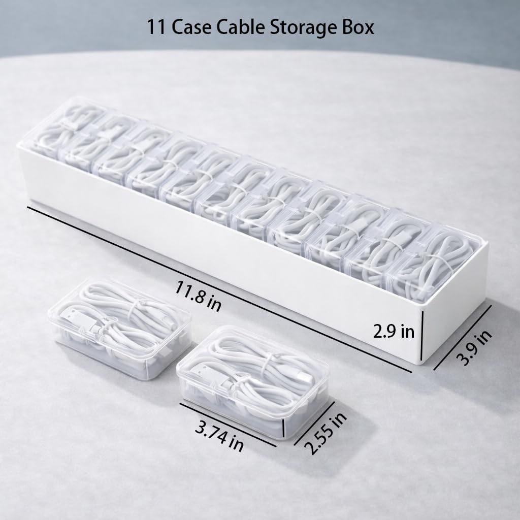2 Pack Cable Organizer Box Set with 7 and 11 Clear Cases for Charging Cables, Chargers, Earphones and Small Accessories, Includes Cable Ties and Labels for Home, Desk and Drawer