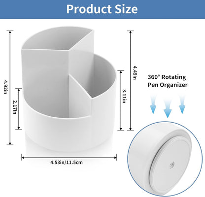 Desk Pencil Pen Holder, 3 Slots 360-Degree Spinning Organizers, Desktop Storage Stationery Supplies, Cute Cup Pot for Office, School, Art Supply, Kids - White