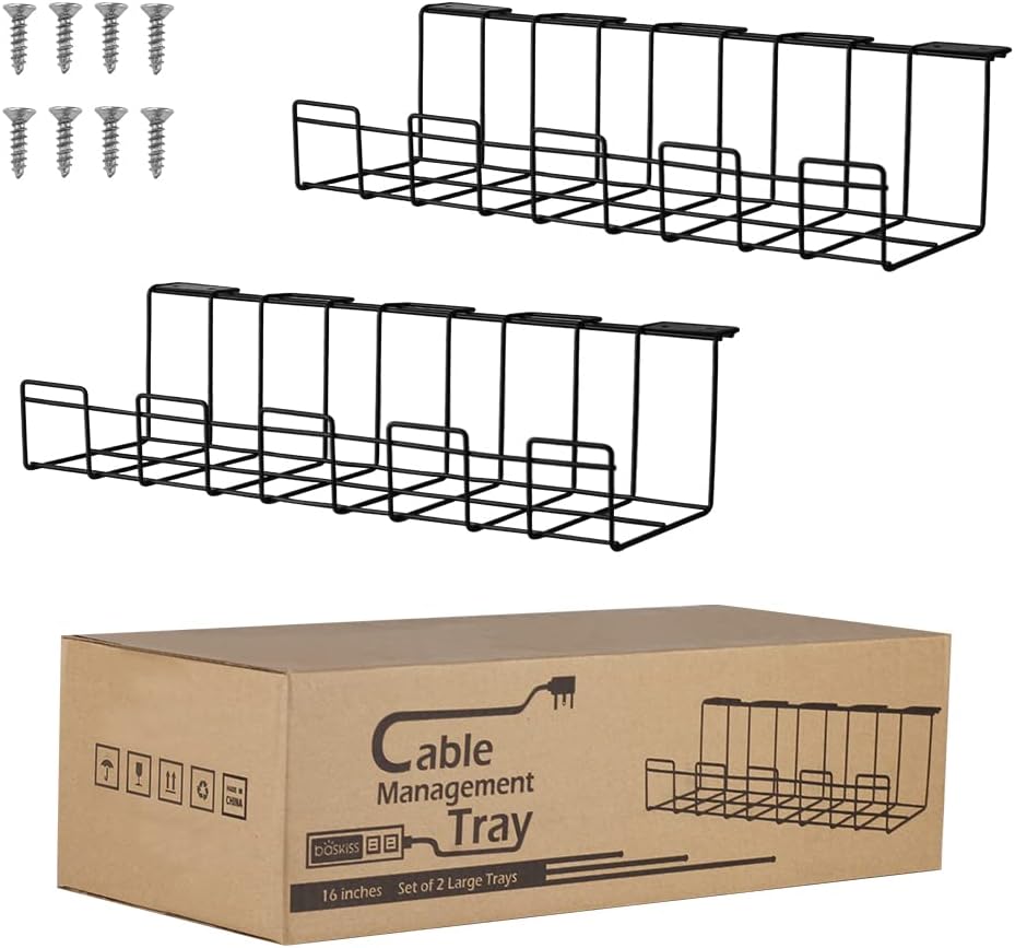 2 Packs Cable Management Tray, 16" Under Desk Organizer for Wire Organization, Metal Holder for Desktop Computer Home Office Kitchen Workstation to Cover and Hide Power Strips (Black)