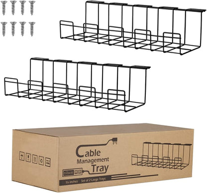 2 Packs Cable Management Tray, 16" Under Desk Organizer for Wire Organization, Metal Holder for Desktop Computer Home Office Kitchen Workstation to Cover and Hide Power Strips (Black)