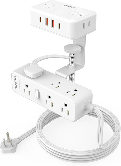 HOPOW Dual Layer Desk Clamp Power Strip, Desktop Edge Mount Charging Station with 13 Outlets 4 USB Ports (2 USB C), Under Desk Surge Protector(1700 Joules), 10 Ft Extension Cord for Office Home