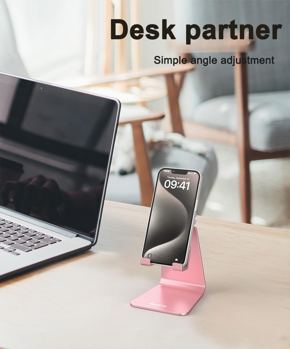 Cell Phone Stand for Desk- Adjustable Phone Stand Holder, Cradle, Dock, Desktop Stand for iPhone 17 16, 15, 14, Plus, Pro, Pro Max, 13 12 X XS,4-8" Phones, Office Accessories (Rose Gold)
