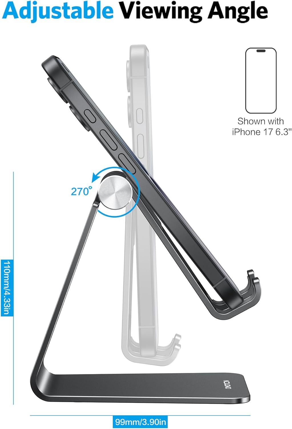 Adjustable Cell Phone Stand, OMOTON Aluminum Desktop Cellphone Stand with Anti-Slip Base and Convenient Charging Port, Fits All Smart Phones, Silver