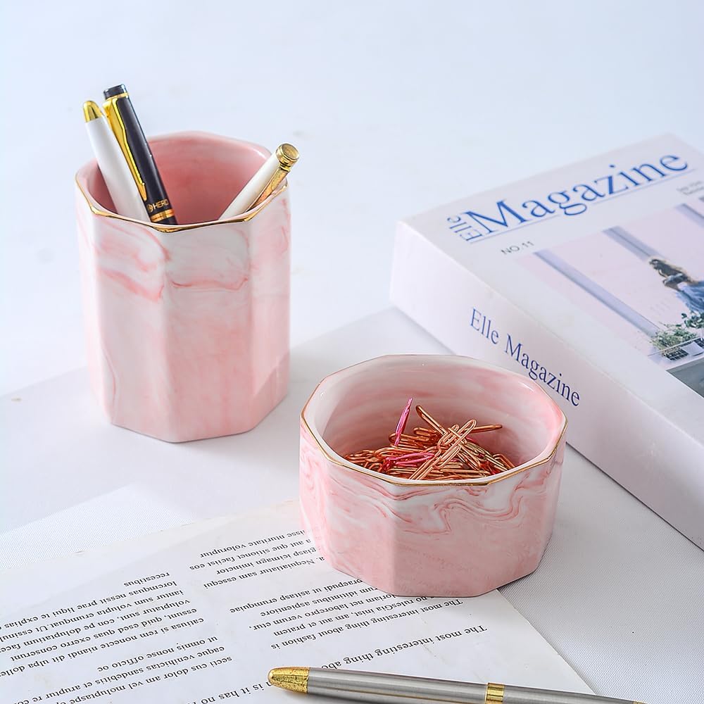 Aesthetic Desk Organizer Set of 2 For Office, Checkered Pen Holder and Paper Clip Holder Dispenser, Ceramic Cute Pencil Cup, Desktop Accessories, Office Decor, Ideal Gifts for Mom (Pink-White)