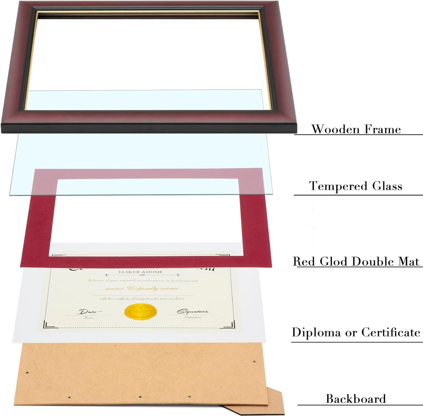 ELSKER&HOME Diploma Frame - Wide Solid Wood Frame - Black Velvet Golden Rim Mat - Semi-Tempered Glass - Includes Hanging Hardware and Desktop Easel(ONLY Display 11×14 Document/Certificate)