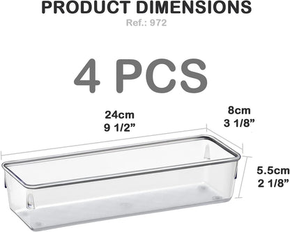 Acrimet Drawer Organizer Modular, Box Tray Storage Bins for Office, Home, Makeup, Kitchen, Junk Drawer ( 4 Pieces) (Clear Crystal Plastic)