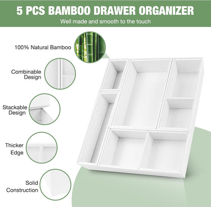 Bamboo Drawer Organizer,5 PCS White Bathroom Tray&Desk Organizers and Storage,Cabinet Divider With Removable Silverware Organization for Kitchen,Utensils,Junk,Office,Makeup