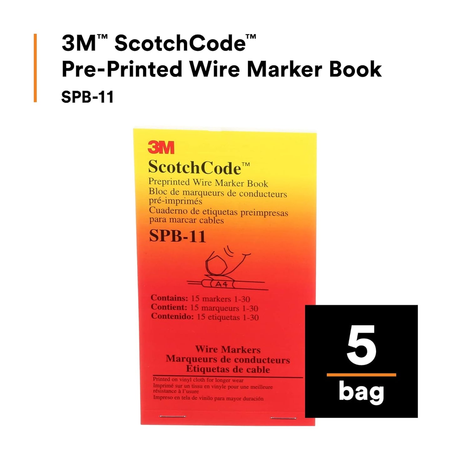 3M ScotchCode Pre-Printed Wire Marker Book SPB-03, Vinyl Coated, Black Printed Numbers (10) each 1–45, White Background Highlights Characters, 1 Book