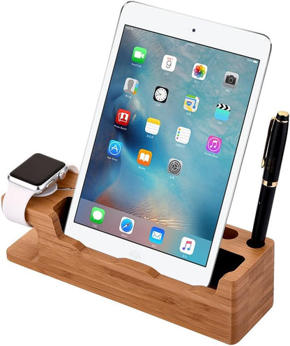 MOOZO Bamboo Wood Desktop Charging Dock Station Charger Holder Cradle Stand Compatible iPhone 16 15 14 13 12 11 Pro Max Apple Watch 2 3 4 / iWatch Samsung Galaxy S8 S7 S6 Edge Plus LG HTC Smartphones