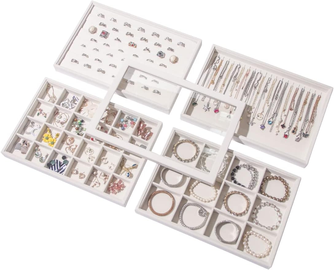 Coward Stackable Jewelry Trays Organizer Set with Clear Lid, Trays for Drawer, Earring Necklace Bracelet Ring Display Organizer (beige(ring+12girds+30girds+The glass lid))
