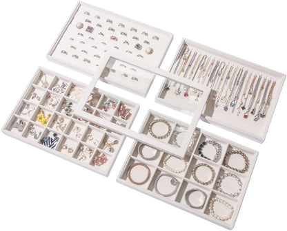 Coward Stackable Jewelry Trays Organizer Set with Clear Lid, Trays for Drawer, Earring Necklace Bracelet Ring Display Organizer (beige(ring+12girds+30girds+The glass lid))