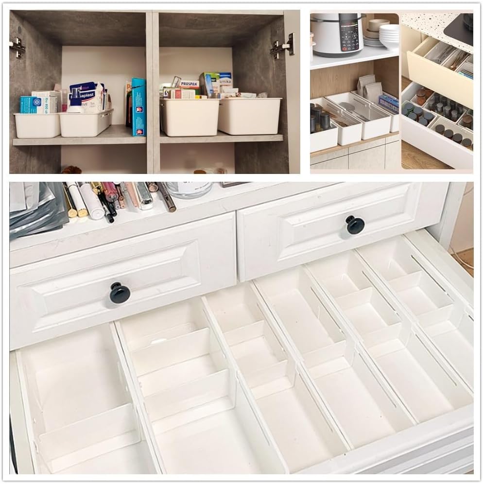 Expandable Storage Drawer Organizers Sliding Bin Plastic Desk Drawer Trays with Removable Dividers Adjustable Makeup Storage Bins for Bedroom, Bathroom, Clothes, Kitchen Utensil (Large)