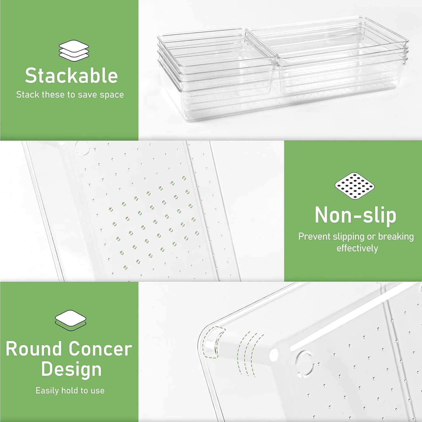 6 Pack Drawer Organizers, Plastic Clear Acrylic Non Slip Non Cracking kitchen drawer organizer Stackable Bathroom Drawer Organizer Trays, Storage Bins for Makeup, Bathroom, Kitchen Office
