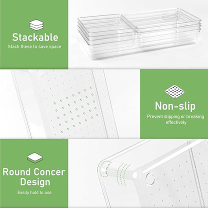 6 Pack Drawer Organizers, Plastic Clear Acrylic Non Slip Non Cracking kitchen drawer organizer Stackable Bathroom Drawer Organizer Trays, Storage Bins for Makeup, Bathroom, Kitchen Office