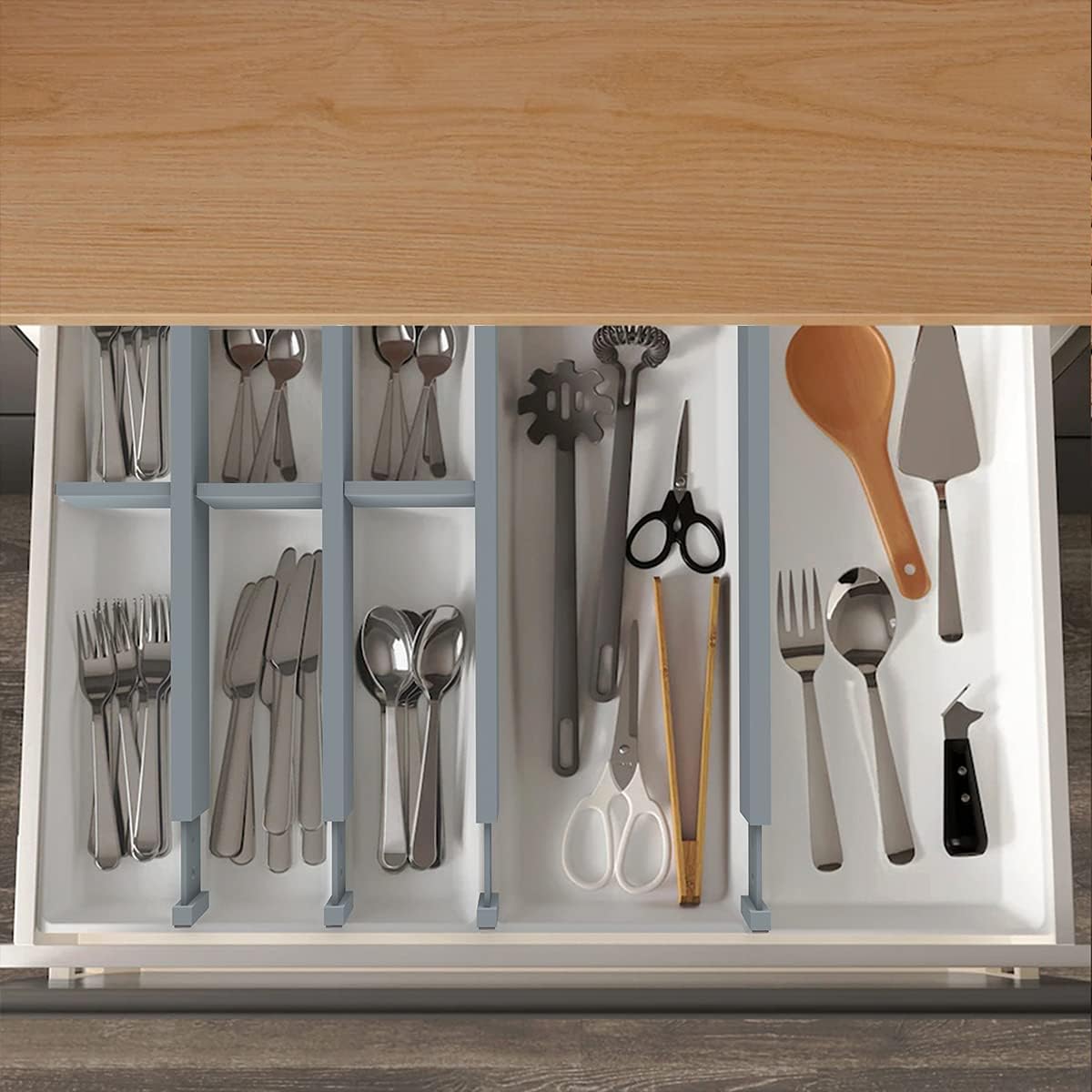 ANTOWIN Bamboo Drawer Dividers Organizers, Drawer Separators Splitter,17-22 inches Long Adjustable Spring-loaded Organizer for Large Utensil, Clothes, Tools Drawers(yellow)