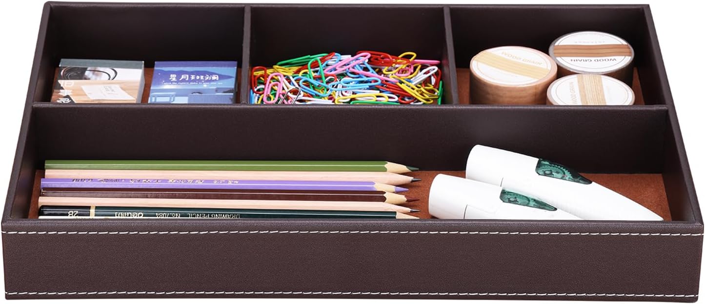KINGFOM Pu Leather Desk Organizer Tray, 4 Compartment Office Storage Supplies Stationery Drawer Tray, Nightstand Bedside Tray for Key, Wallet, Watch, Coin, Phone Valet Tray Stackable
