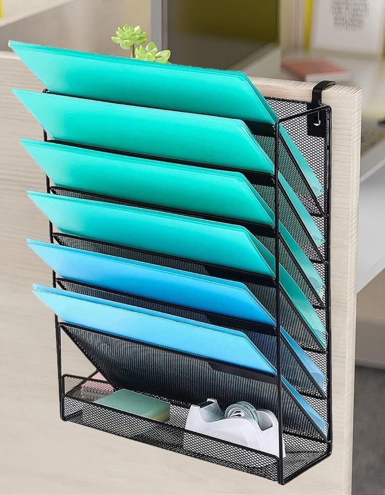 Delifox 7-Compartment Wall Mounted Hanging File Organizer Cubicle Wall File Holder Vertical Document Organizer for Office Home, Black