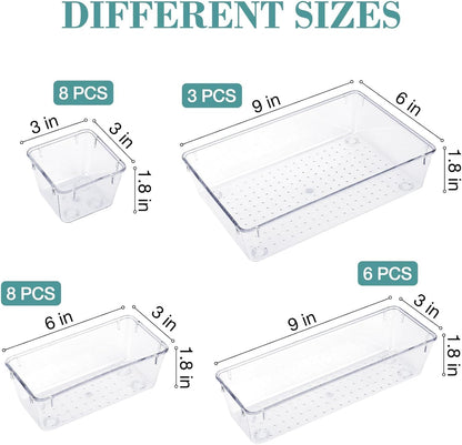 StorMiracle 16 PCS Drawer Organizer Set, 5 Varied Size Bathroom and kitchen Drawer cabinet organizer Trays, Clear Storage Bins for Makeup, Jewelry, Utensils and Gadgets