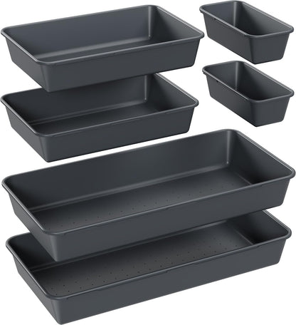 6 PCS Large Drawer Organizer, 3 Sizes Plastic Versatile Desk Drawer Organizer Trays, Kitchen Drawer Organization and Plastic Storage Bins for Makeup, Vanity, Kitchen, Utensils, Office, Bathroom