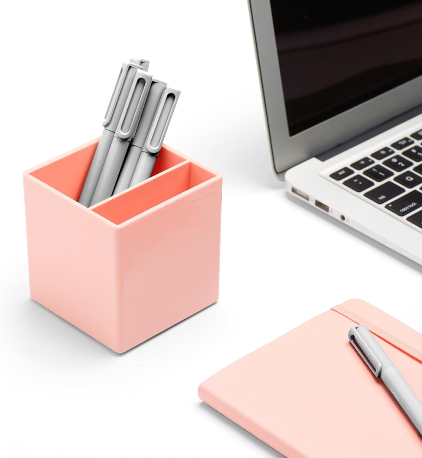 Poppin Pen Holder with 2 Compartments - Sturdy Plastic Pen Cup for Desk, Lacquer-like Finish, Blush Pink