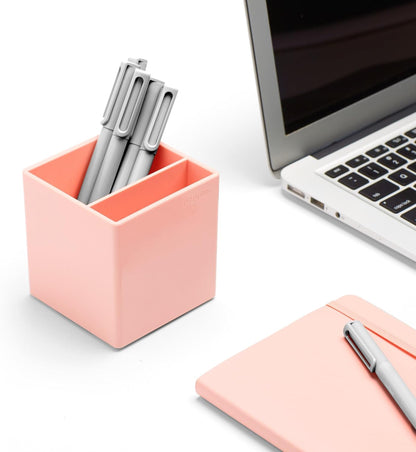 Poppin Pen Holder with 2 Compartments - Sturdy Plastic Pen Cup for Desk, Lacquer-like Finish, Blush Pink