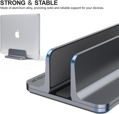 YICOSUN Aluminum Vertical Laptop Stand for Desk - Adjustable Width Dock for MacBook, Surface, Samsung, HP, Dell up to 17.3 inches - Space-Saving & Protective Design - Gray